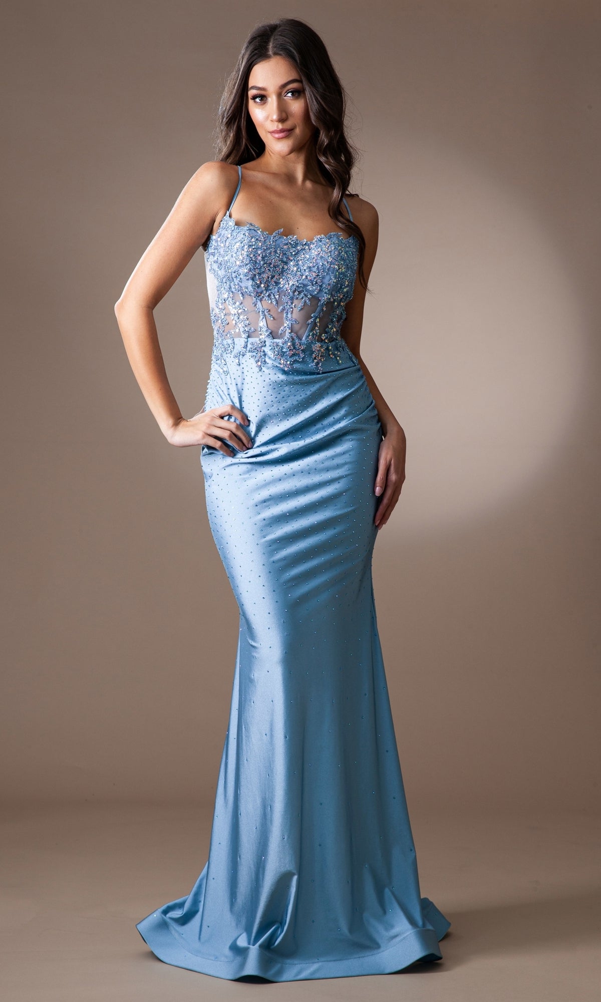 Woman wearing the Amelia Backless Long Embellished Prom Dress TM1018—a light blue, floor-length gown with beading, sheer lace bodice, and thin straps—standing against a plain background.